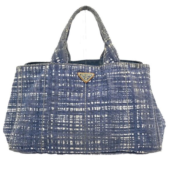 PRADA CANAPA Stampata Shoulder Tote Hand Bag Denim Leather Blue Gold 38FB884 - Picture 1 of 16